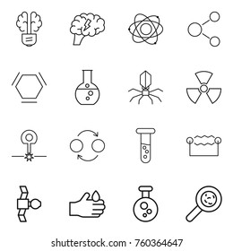 Thin line icon set : bulb brain, atom, molecule, hex, round flask, virus, nuclear, laser, quantum bond, vial, electrostatic, satellite, acid, chemical, viruses