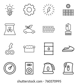 Thin line icon set : bulb, gear, lightning, sun power, nuclear, eco car, battery, crystall memory, infinity, electrostatic, barrel, jet ski, barometer, speaker, kettle