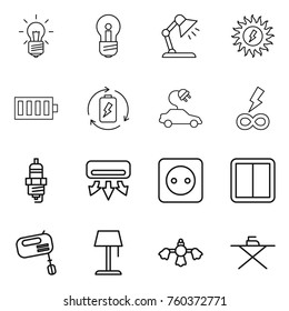 Thin line icon set : bulb, table lamp, sun power, battery, charge, electric car, infinity, spark plug, air conditioning, socket, switch, mixer, floor, hard reach place cleaning, iron board