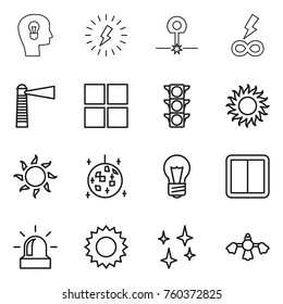 Thin line icon set : bulb head, lightning, laser, infinity power, lighthouse, window, traffic light, sun, disco ball, switch, alarm, shining, hard reach place cleaning