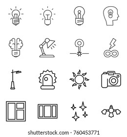 Thin line icon set : bulb, head, brain, table lamp, laser, infinity power, outdoor light, alarm, sun, camera, window, shining, hard reach place cleaning