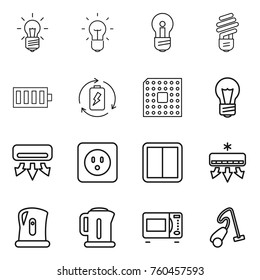 Thin line icon set : bulb, battery, charge, cpu, air conditioning, power socket, switch, kettle, microwave oven, vacuum cleaner