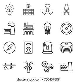 Thin line icon set : bulb, sun power, nuclear, hoverboard, factory, barometer, electricity, speaker, kettle, pancakes, plow, windmill, gears