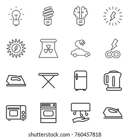 Thin line icon set : bulb, brain, lightning, sun power, nuclear, electric car, infinity, iron, board, fridge, kettle, grill oven, hand dryer