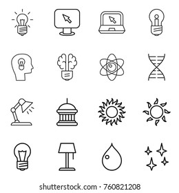 Thin line icon set : bulb, monitor arrow, notebook, head, brain, atom, dna, table lamp, goverment house, sun, floor, drop, shining
