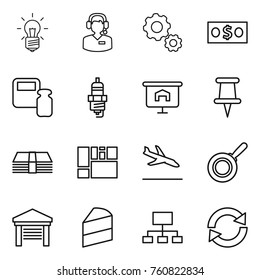 Thin line icon set : bulb, call center, gear, money, scales weight, spark plug, presentation, pin, consolidated cargo, arrival, pan, garage, cake, hierarchy, reload