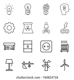 Thin line icon set : bulb, head, gear, nuclear power, hoverboard, infinity, gas station, barrel, socket, radiator, floor lamp, plow, windmill