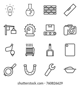 Thin line icon set : bulb, round flask, brick wall, level, loading, alarm, transporter tape, camera, golf, radiator, scoop, cutting board, pan, horseshoe, wrench, foam basin