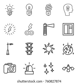 Thin line icon set : bulb, head, lightning, infinity power, lighthouse, window, outdoor light, traffic, sun, disco ball, camera, alarm, shining, hard reach place cleaning