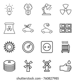 Thin line icon set : bulb, brain, table lamp, nuclear, power, eco car, electric, panel house, sun, barometer, socket, radiator, pancakes, windmill, hand drop