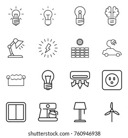 Thin line icon set : bulb, brain, table lamp, lightning, sun power, electric car, electrostatic, air conditioning, socket, switch, coffee maker, floor, windmill