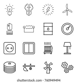 Thin line icon set : bulb, brain, lightning, windmill, crystall memory, electrostatic, barrel, barometer, power socket, switch, radiator, floor lamp, pancakes, plow, gears