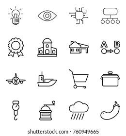Thin line icon set : bulb, eye, chip, structure, medal, mansion, house with garage, route a to b, plane, sea shipping, cart, pan, handle scales, hand mill, rain cloud, eggplant