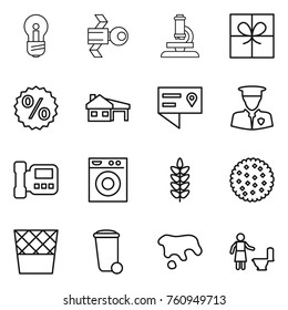 Thin line icon set : bulb, satellite, microscope, gift, percent, house with garage, location details, security man, intercome, washing machine, spikelets, cookies, trash bin, spot, toilet cleaning