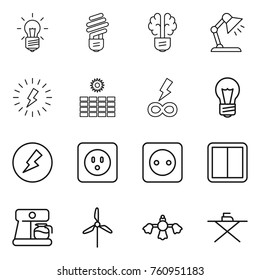 Thin line icon set : bulb, brain, table lamp, lightning, sun power, infinity, electricity, socket, switch, coffee maker, windmill, hard reach place cleaning, iron board