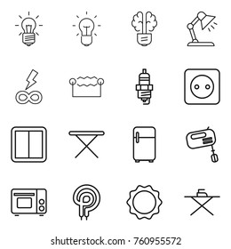 Thin line icon set : bulb, brain, table lamp, infinity power, electrostatic, spark plug, socket, switch, iron board, fridge, mixer, grill oven, elecric, induction