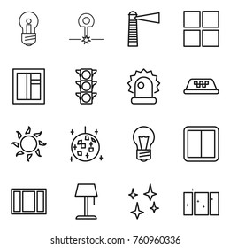 Thin line icon set : bulb, laser, lighthouse, window, traffic light, alarm, taxi, sun, disco ball, power switch, floor lamp, shining, clean