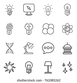 Thin line icon set : bulb, monitor arrow, brain, atom core, dna, table lamp, balloon, goverment house, sun, floor, shining