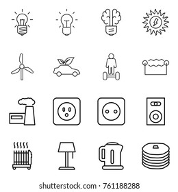 Thin line icon set : bulb, brain, sun power, windmill, eco car, hoverboard, electrostatic, factory, socket, speaker, radiator, floor lamp, kettle, pancakes