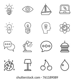 Thin line icon set : bulb, eye, boat, notebook, head, atom, discussion, table lamp, balloon, goverment house, disco ball, floor, cherry, drop
