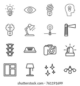 Thin line icon set : bulb, eye, head, brain, table lamp, laser, lighthouse, traffic light, taxi, camera, alarm, window, floor, shining, hard reach place cleaning