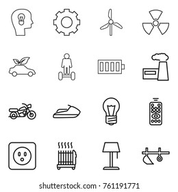 Thin line icon set : bulb head, gear, windmill, nuclear, eco car, hoverboard, battery, factory, motorcycle, jet ski, remote control, power socket, radiator, floor lamp, plow