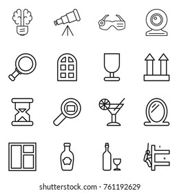 Thin line icon set : bulb brain, telescope, smart glasses, web cam, magnifier, arch window, fragile, cargo top sign, sand clock, search, cocktail, mirror, ketchup, wine, skyscrapers cleaning