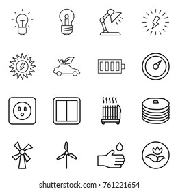Thin line icon set : bulb, table lamp, lightning, sun power, eco car, battery, barometer, socket, switch, radiator, pancakes, windmill, hand drop, ecology