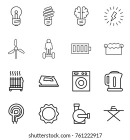 Thin line icon set : bulb, brain, lightning, windmill, hoverboard, battery, electrostatic, radiator, iron, washing machine, kettle, elecric oven, induction, water pump, board