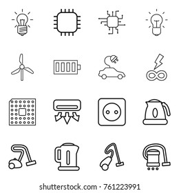 Thin line icon set : bulb, chip, windmill, battery, electric car, infinity power, cpu, air conditioning, socket, kettle, vacuum cleaner