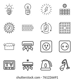 Thin line icon set : bulb, lightning, sun power, battery, charge, cpu, electrostatic, air conditioning, socket, tv, kettle, vacuum cleaner