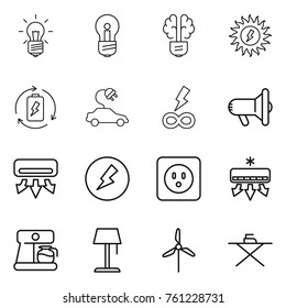 Thin line icon set : bulb, brain, sun power, battery charge, electric car, infinity, megafon, air conditioning, electricity, socket, coffee maker, floor lamp, windmill, iron board