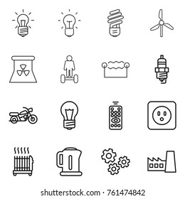 Thin line icon set : bulb, windmill, nuclear power, hoverboard, electrostatic, spark plug, motorcycle, remote control, socket, radiator, kettle, gears, factory