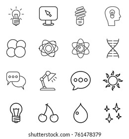 Thin line icon set : bulb, monitor arrow, head, atom core, dna, discussion, table lamp, balloon, sun, cherry, drop, shining