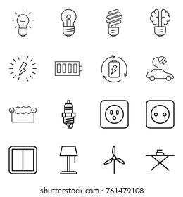 Thin line icon set : bulb, brain, lightning, battery, charge, electric car, electrostatic, spark plug, power socket, switch, floor lamp, windmill, iron board