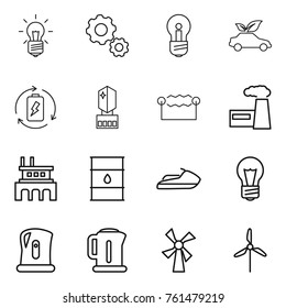 Thin line icon set : bulb, gear, eco car, battery charge, crystall memory, electrostatic, factory, barrel, jet ski, kettle, windmill