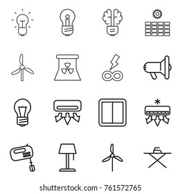 Thin line icon set : bulb, brain, sun power, windmill, nuclear, infinity, megafon, air conditioning, switch, mixer, floor lamp, iron board