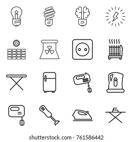 Thin line icon set : bulb, brain, lightning, sun power, nuclear, socket, radiator, iron board, fridge, mixer, kettle, blender