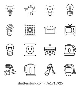 Thin line icon set : bulb, chip, cpu, electrostatic, tv, power socket, air conditioning, kettle, vacuum cleaner