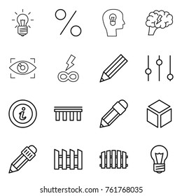 Thin line icon set : bulb, percent, head, brain, eye identity, infinity power, pencil, equalizer, info, bridge, 3d, fence