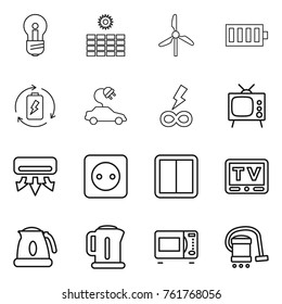 Thin line icon set : bulb, sun power, windmill, battery, charge, electric car, infinity, tv, air conditioning, socket, switch, kettle, microwave oven, vacuum cleaner