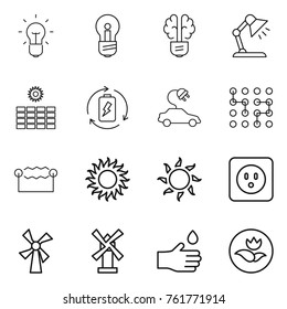 Thin line icon set : bulb, brain, table lamp, sun power, battery charge, electric car, chip, electrostatic, socket, windmill, hand drop, ecology