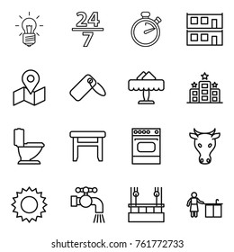 Thin line icon set : bulb, 24 7, stopwatch, modular house, map, label, restaurant, hotel, toilet, stool, oven, cow, sun, water tap, skysrcapers cleaning, kitchen
