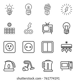 Thin line icon set : bulb, lightning, sun power, infinity, tv, socket, switch, air conditioning, kettle, vacuum cleaner, microwave oven