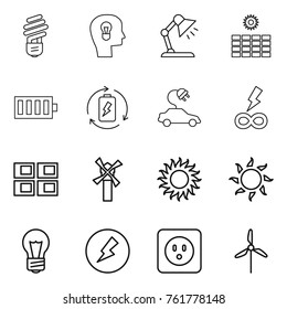 Thin line icon set : bulb, head, table lamp, sun power, battery, charge, electric car, infinity, panel house, windmill, electricity, socket