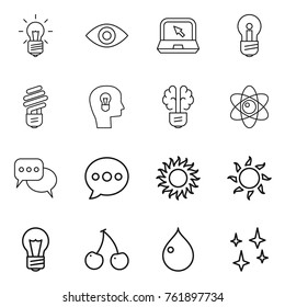 Thin line icon set : bulb, eye, notebook, head, brain, atom, discussion, balloon, sun, cherry, drop, shining