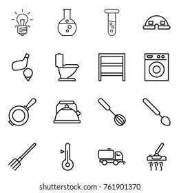 Thin line icon set : bulb, round flask, vial, dome house, golf, toilet, rack, washing machine, pan, kettle, whisk, big spoon, fork, thermometer, sweeper, vacuum cleaner