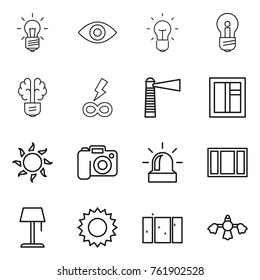 Thin line icon set : bulb, eye, brain, infinity power, lighthouse, window, sun, camera, alarm, floor lamp, clean, hard reach place cleaning
