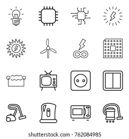 Thin line icon set : bulb, chip, lightning, sun power, windmill, infinity, cpu, electrostatic, tv, socket, switch, vacuum cleaner, kettle, microwave oven