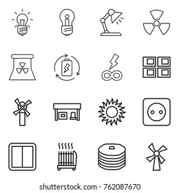Thin line icon set : bulb, table lamp, nuclear, power, battery charge, infinity, panel house, windmill, gas station, sun, socket, switch, radiator, pancakes